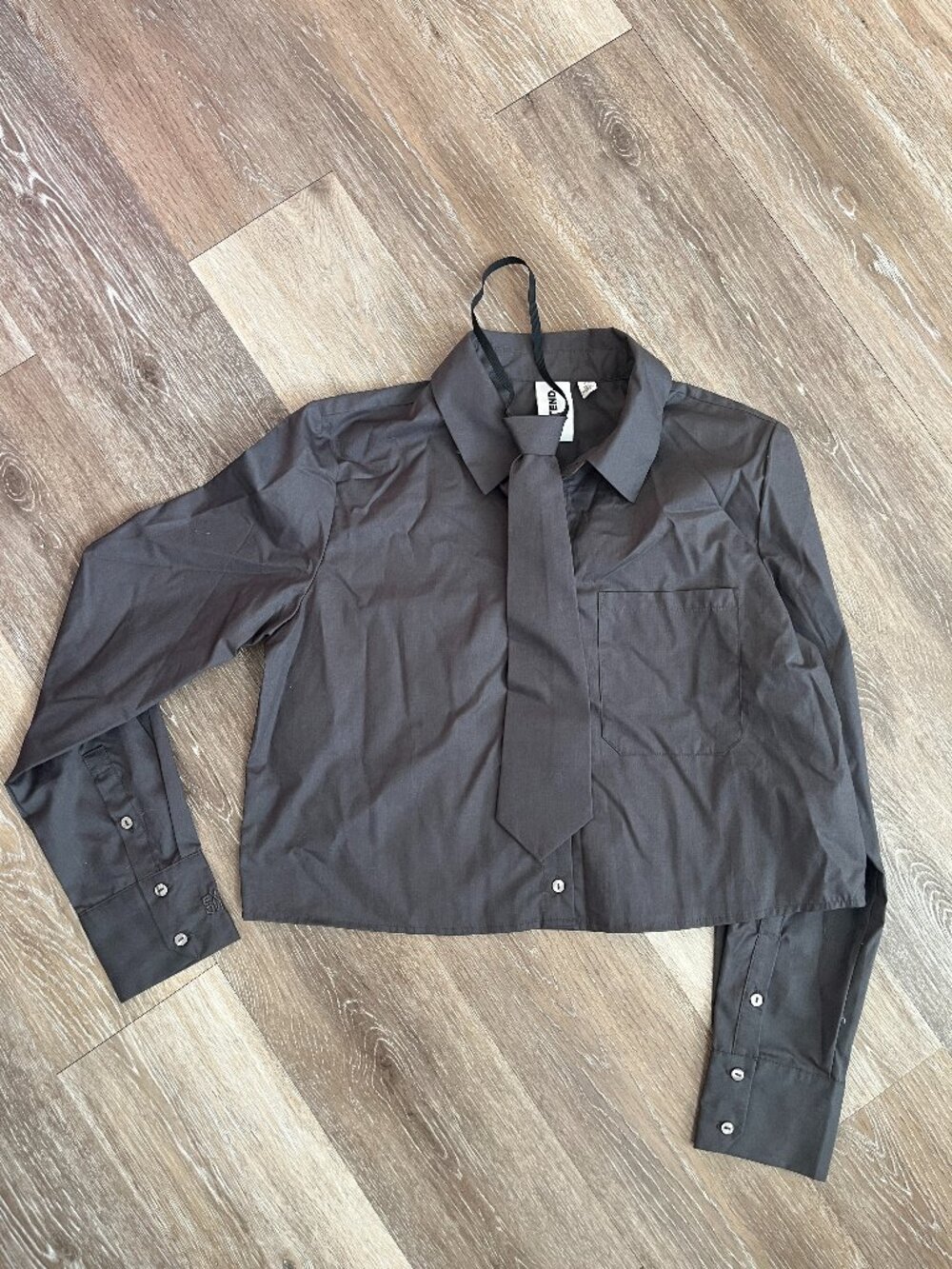 Dark Gray Cropped Button Down with Tie